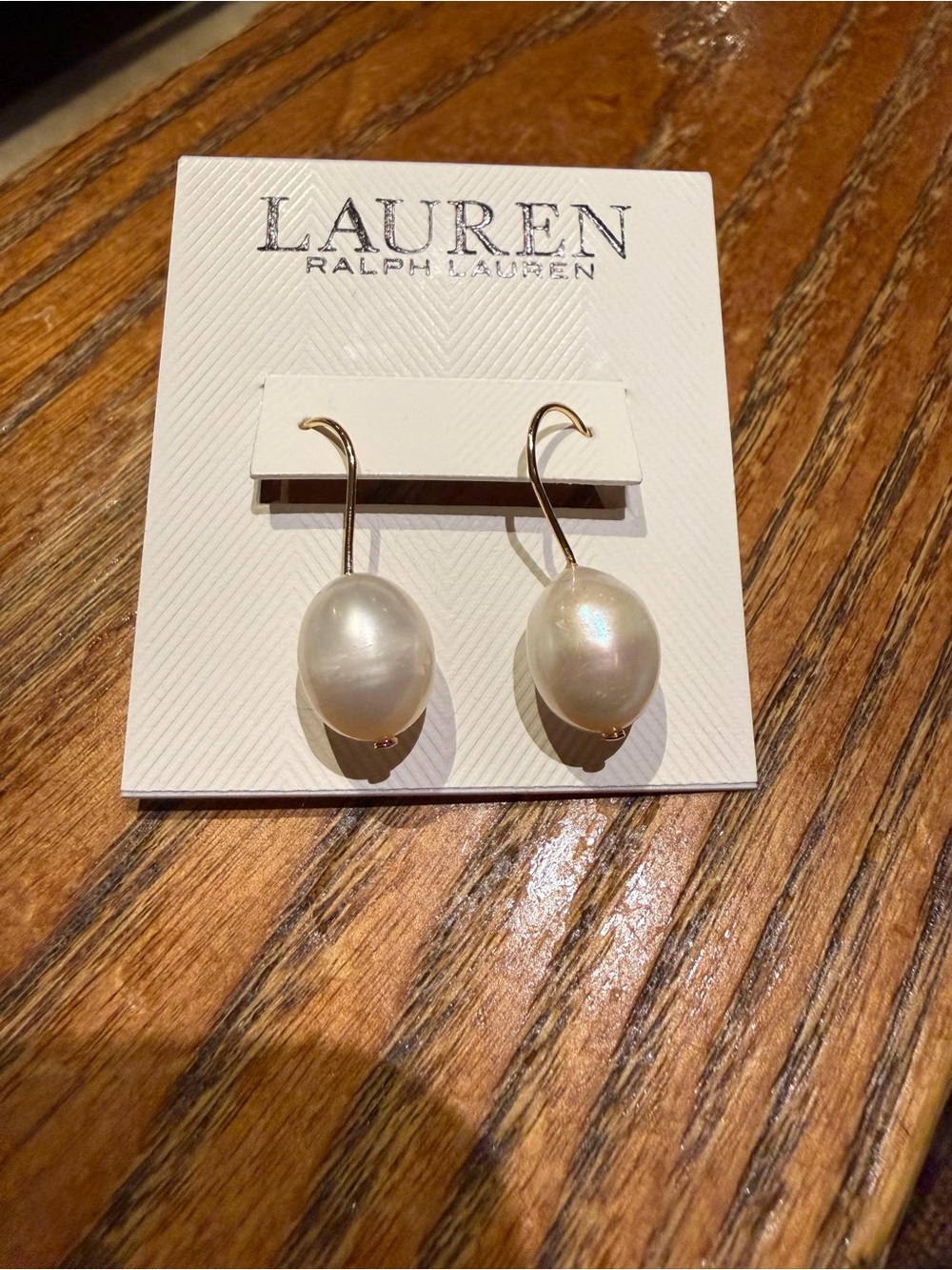 NWT Lauren Ralph Lauren White Pearl Drop Earrings Gold Wire Hook Dangle New